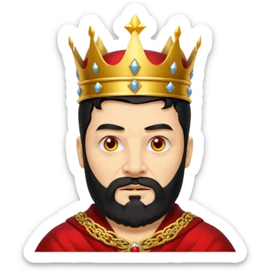 


an old king with yellow skin, red eyes, 60 years old, black hair, black beard, wearing a crown, red robe, fierce face, baron/lord vibe
 sticker