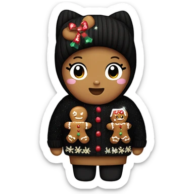 Hello kitty wearing black sweater with a glittery gingerbread embroidered on the sweater sticker