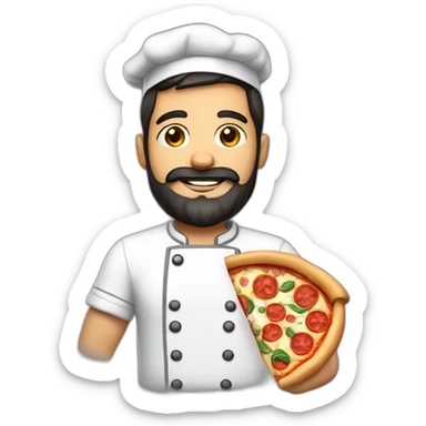 Pizza chef with dark hair and beard, holding a Pizza sticker