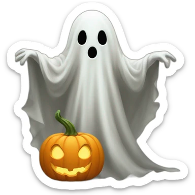 A ghost carring a pumpking sticker
