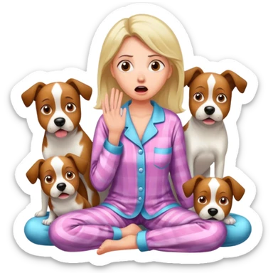 A lady with a shocked face in her pajamas with 3 dogs sticker