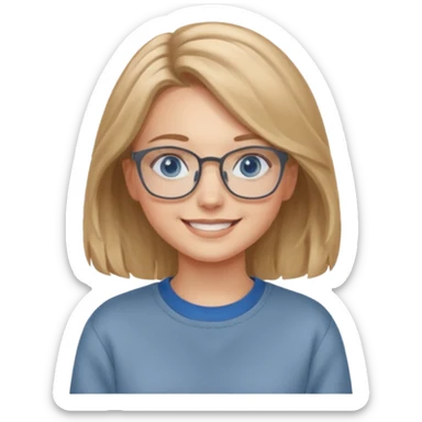 мила дівчинка з пшеничним та трохи хвилястим волоссям до грудей з голубими очами та в окулярах в сірому світшоті посміхається sticker