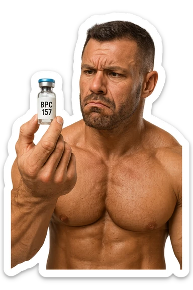 BODYBUILDER CHE TIENE IN MANO UNA FIALA MEDICA CON la scritta "BPC 157" SULL'ETICHETTA E LA GUARDA DUBBIOSO, iperrealistico 4k sticker