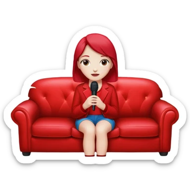 red velvet couch, mic in front, houseplants in back, and a neon sign saying "karaoke" sticker