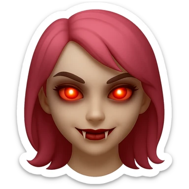Make the character cute, not laughing, but add something to make her look scary such as fangs, glowing eyes, or a subtle sinister smile. She has pink hair, is a white girl, and has red eyes. Render in emoji style. sticker