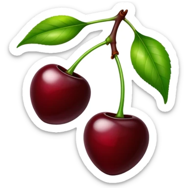 Pair of dark burgundy cherries with green stem, deep rich red color sticker