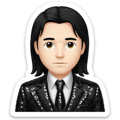 Charles Lee Ray with long black hair, dark suit sequin suit  sticker