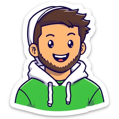 laughing guy with white hoodie, green t-shirt underneath, green eyes, dark brown undercut hairstyle and a short full beard sticker