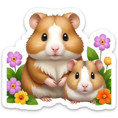 Icon for Hamster and Guinea Pig: A portrait-style collage with a fluffy hamster with soft fur, looking curious, and a friendly guinea pig with long, smooth fur, both on a soft green background with flowers and soft light. Transparent background. sticker