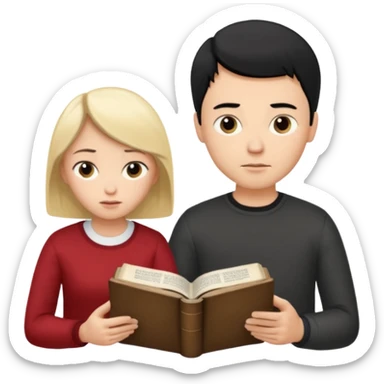 Crie uma figurinha pra stories de uma biblia aberta e um casal lendo (homem loiro e mulher branca cabelos pretos baixinha) sticker
