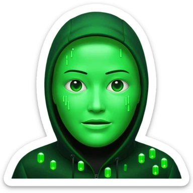 Emoji inspired by The Matrix film, glowing green terminal code forming a face, digital rain backdrop, hacker cyberpunk aesthetic, high contrast black and green, cinematic sci-fi lighting, ultra-sharp 3D. sticker