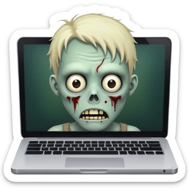 A tired sad zombie behind a laptop sticker