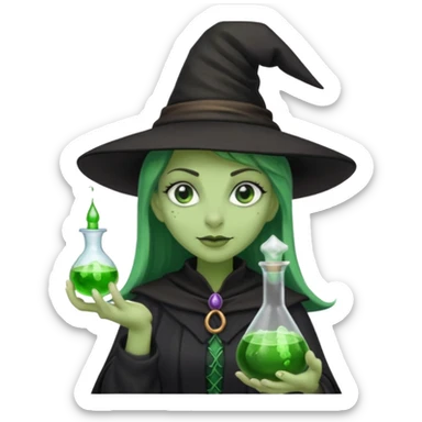 Witch with Green Skin – long-nosed witch in black hat holding potion sticker
