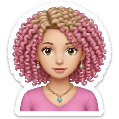 a girl with a tight pink shirt and curly hair with a little make up and pale ish tan skin with jewelry  sticker