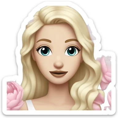 White bride with long light blonde hair and blue eyes with light pink peonies in hair white skin  sticker