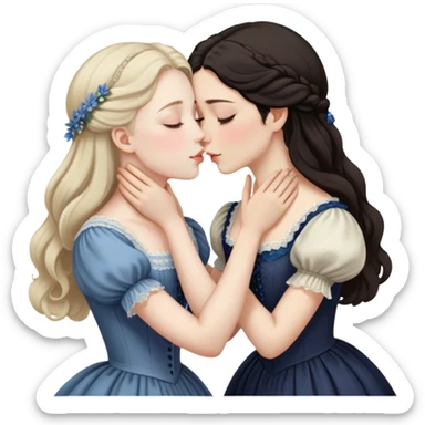 Two Victorian women sharing a gentle kiss, eyes closed, one with dark hair and one with light hair, both wearing modest dark Victorian dresses sticker