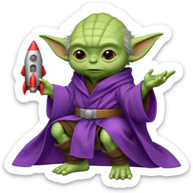 yoda in a purple robe siting in a rocket sticker