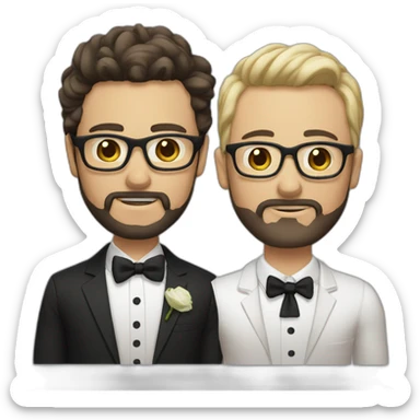 two groom, one with a dark beard and glasses and the other beardless with light hair and white skin sticker