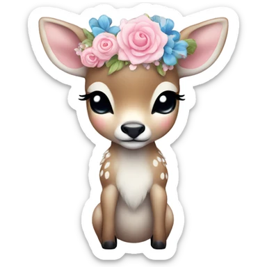 baby deer with closed eyes and flower crown in blue white and pink sticker