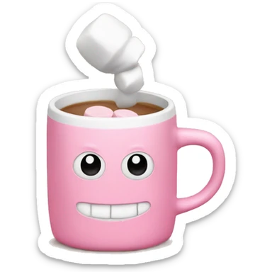 pink plain mug without print with one handle on the right, inside it coffee and marshmallows, sticker