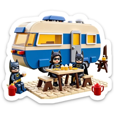  Ultra cute futuristic Lego detailed Batman and pretty Catwoman dream house Caravan with picnic table and folding chairs alone at romantic afternoon (hot chocolate and cheeseburgers on the grill) sticker