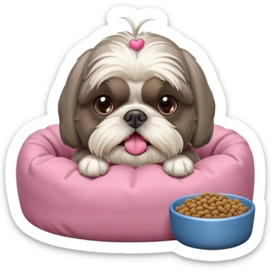 old ALL grey shih tzu in pink dog bed tongue hanging out near bowl of food sticker