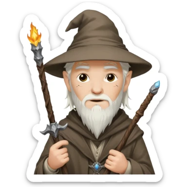 A punk guy with white hair, wearing a hat, holding a Gandalf staff and an AK-47 sticker