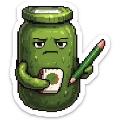 Make the pickle look suspicious while writing in a notepad, in pixel art style, with no background. sticker