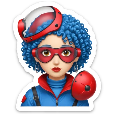 blue curly haired girl with huge earrings wearing red paintball helmet with eye protection, only face  sticker