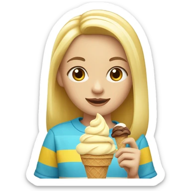 Girl with blonde hair, blue eyes, yellow striped shirt, holding vanilla ice cream cone sticker