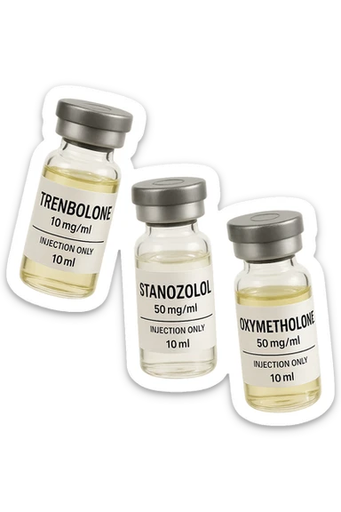 FIALE MEDICHE DI Trenbolone, stanozololo, oxymetholone FLUTTUANO IN ARIA, iperrealistico 4k, isolato su sfondo bianco sticker