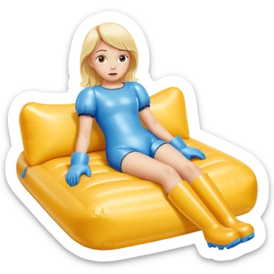 chica rubia con cara de miedo con unas botas de presoterapia gigantes inflables tirada en una cama amarilla sticker