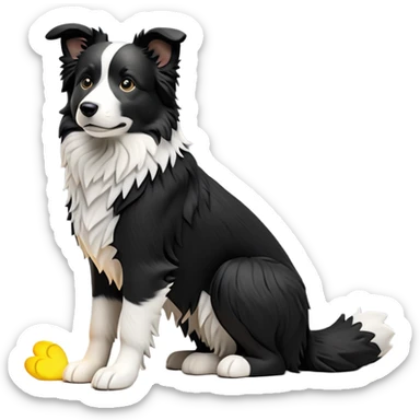 cinematic-[border collie dog]-realistic-full-body-sitting-emoji,-tail-resting-loosely-beside-its-paws,-head-tilted-dramatically,-scruffy-[black and white]-fur,-simplified-yet-realistic-focused-features,-highly-detailed,-glowing-with-an-almost-sarcastic-glow sticker