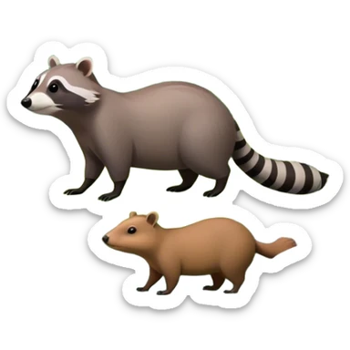 Collage of a raccoon and capybara in a lush, vibrant forest. The raccoon curiously looks around, while the capybara rests peacefully near a stream. The forest is full of green trees, leaves, and soft sunlight. A serene and natural background. sticker