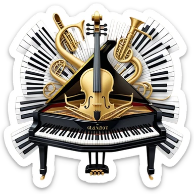 Create a sophisticated and celebratory emoji collage representing keyboard instruments, designed in the style of a coat of arms or crest. The design should feature a central, surrounded by a ribbon of musical notes. The ribbon should intertwine with a second ribbon made of black-and-white piano keys, creating a flowing, symmetrical pattern. Include delicate, elegant details such as the pedals of the grand piano, intricate woodwork, and the glossy, polished surface of the instrument. The musical notes should be swirling around the design in a harmonious, festive arrangement. Use gold, silver, and rich wood tones to evoke a sense of luxury and professionalism, with the black-and-white keys of the piano adding contrast. The background should remain transparent sticker