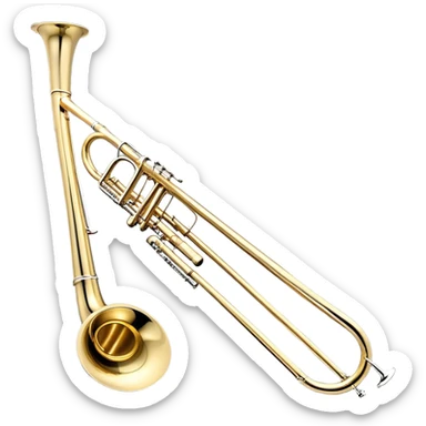 Create a sleek and professional emoji representing the Brahner TB-420 Bb/F tenor trombone. The design should feature the smooth, shiny brass body of the trombone with its distinct curved tubing and large bell. Highlight the tuning slide and the mouthpiece at the top of the instrument. The brass finish should be polished and reflective, with silver accents on the mouthpiece and tuning slide. Add subtle musical notes or soundwaves floating around the trombone to evoke its bold, brassy sound. Use golden and brass tones for the trombone with light reflections to emphasize its high-quality craftsmanship. The background should be transparent. sticker