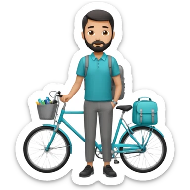 a man with a grey backpack and a torquoise byciycl and he has black shot=rt man hair and a beard with a polo grey shirt and dress pants sticker