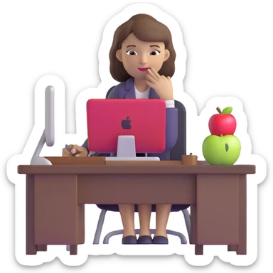 woman English teacher with brown hair, at a desk with an apple sticker
