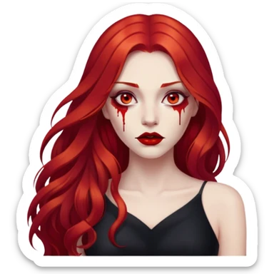 a woman with long red hair and red eyes. The woman wear a black dress. She have red lipstick. blood on face sticker