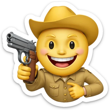 Yellow laughing face pointing gun at its own mount. The barrel of the gun is pointed towards the smile into the mouth sticker