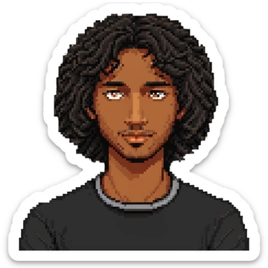 brown-skinned man with black curly mid-length hair, relaxed face, eyes slightly open, pixel art style sticker