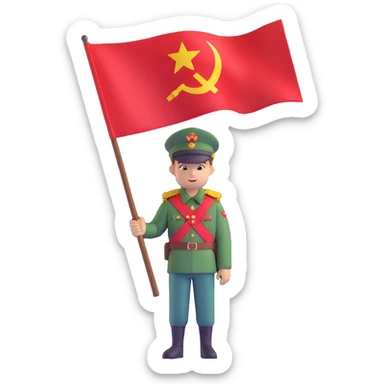 military boy in Soviet green uniform holding a red flag with "9 мая" sticker