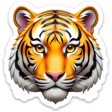 Cinematic Noble Tiger Portrait Emoji, Poised and regal, with a powerful, muscular build draped in striking, vivid stripes and intense, focused eyes, Simplified yet sharp and sophisticated features, highly detailed, glowing with a soft, wild luminescence, high shine, intelligent and majestic, stylized with an air of untamed authority, focused and commanding, soft glowing outline, capturing the essence of a watchful and confident jungle guardian that appears ready to pounce out of the screen with effortless authority! sticker
