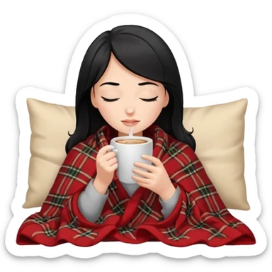 White girl brunette with black hair inside a blanket sipping coffee eyes closedemoji sticker