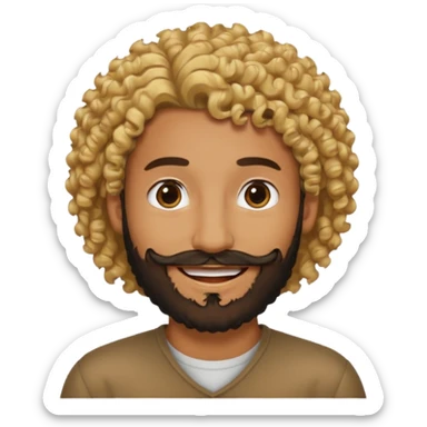 Brown man with curly blonde hair and a black beard sticker