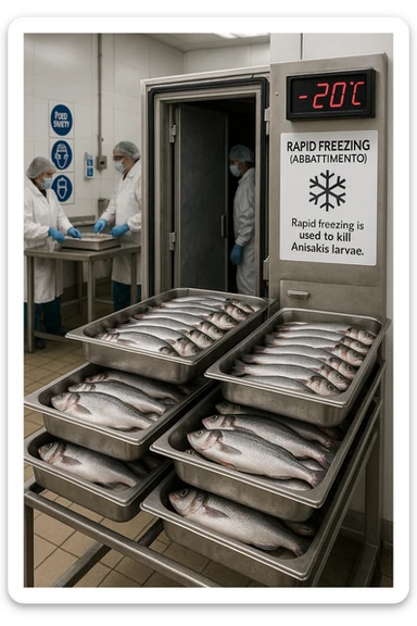 a fish processing facility where freshly caught fish are placed on trays and moved into a large industrial freezer. A temperature gauge shows -20°C, and an educational label explains that rapid freezing (abbattimento) is used to kill Anisakis larvae. The background includes workers in protective clothing and clear signage about food safety. sticker