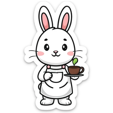 white bunny in apron holding tea tray sticker