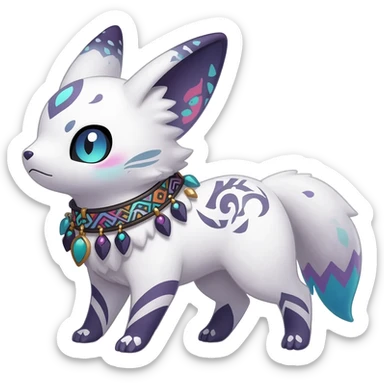Rare white exotic cute epic aesthetic gothic colorful Salandit-Litten-Furfrou-Sylveon-Civet-species-Fakemon-hybrid-creature, with a collar, and with intricate tribal markings, full body sticker
