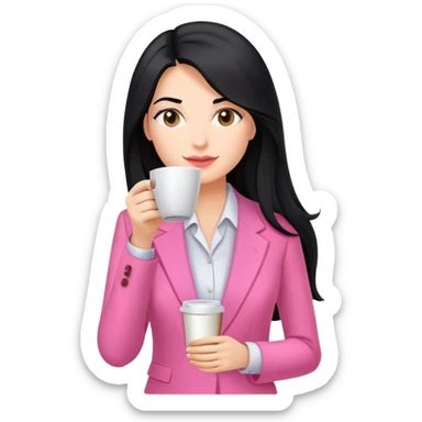 business dressing pink clothes woman  caucasian with a long black hair drinking coffee sticker