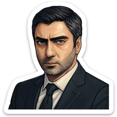 Polat Alemdar, close-up portrait, dark suit, piercing gaze, subtle stubble, modern illustration style, detailed and refined sticker